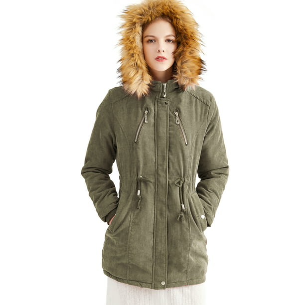 Ladies Fur Lining Coat Winter Warm Outwear Long Parka Hooded Jacket Zip Outwear